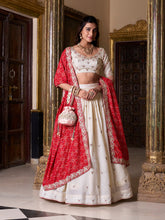Off White Color Sequins And Thread Embroidery Work Vichitra Silk Lehenga Choli